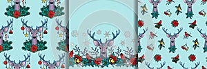 Winter Seamless Patterns set with Deer
