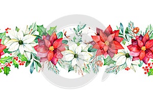 Winter seamless repeat floral border with leaves,branches,cotton flowers,berries