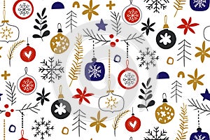 Winter seamless repeat patterns with Christmas baubles. Scandinavian style traditional motifs. Vector illustration