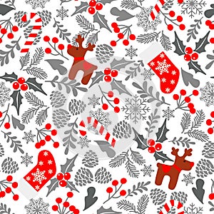 Winter seamless vector pattern with holly berries, candy, deer, christmas socks. Part of Christmas backgrounds collection. Can be