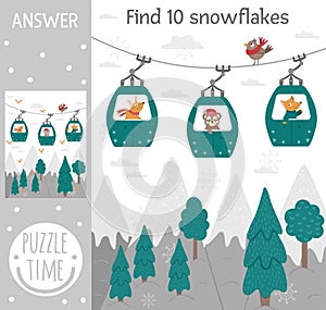 Winter searching game for children with mountains, forest, trees, animals in funicular cable cars