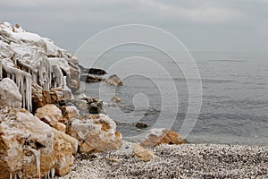 Winter seaside frozen landscape