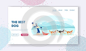 Winter Season Activities and Holidays Sport Website Landing Page. Musher Riding Dog Sled Team Frozen across Snowy Tundra