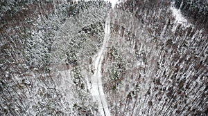 Winter season aerial top down view of a road in forest