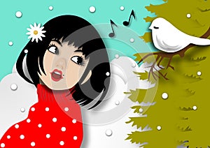 Winter season background with beautiful lady singing a song with a little bird in snow background and paper art design vector and