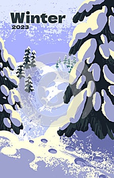 Winter season card, snowy nature landscape. Fir trees covered with snow, footprints on snowdrift in forest. Serene calm