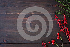 Winter season and Christmas background. Branches of dog rose with rose hip and red barberry on rustic dark brown wooden table.