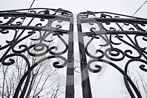 Frozen black metal gate covered with snow