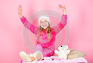 Winter season concept. Winter fashion accessory. Kid girl knitted hat. Winter accessory concept. Girl long hair dream
