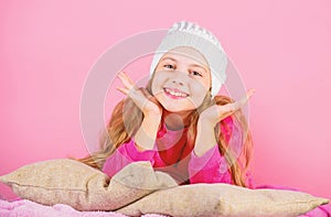Winter season coziness attribute. Winter season concept. Winter fashion accessory. Kid girl knitted hat. Winter