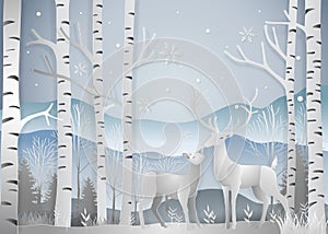 Winter season, Deer in forest landscape with snowflakes and mountains background. paper art and digital craft style. Vector illus