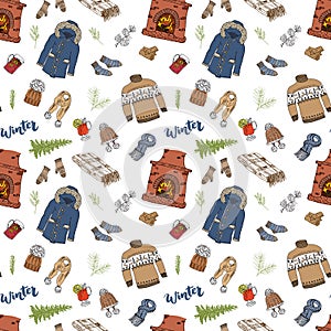Winter season doodles seamless pattern. Hand drawn sketch elements fireplace, glass of hot wine, clothes, warm blanket, socks