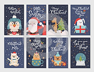 Winter season flat cartoon characters postcards set