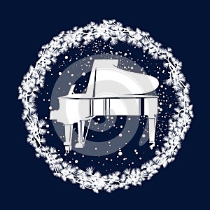 winter season frame made of pine tree branches and grand piano under falling snow vector design