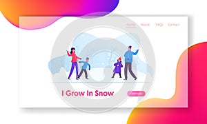 Winter Season Fun and Games Website Landing Page. Happy Family of Parents and Kids Playing Snowball Fight on Street