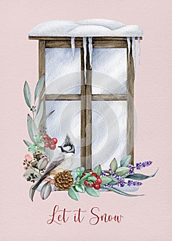 Winter season greeting card watercolor illustration. Hand drawn holiday poster with floral arrangement on winter window background