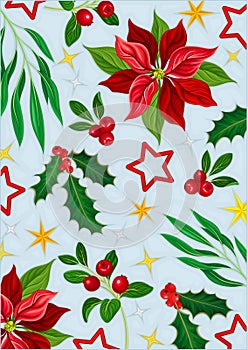 Winter Season Greeting Postcard with Scattered Christmas Symbols Like Red Poinsettia Flower and Berry Branch Vector