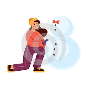 Winter Season with Happy Woman in Knitted Hat and Sweater Building Snowman Vector Illustration