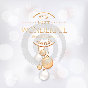 Winter Season Holidays Elegant Greeting Card with Xmas Balls. Festive Decoration in Gold Colors on Blurred Background