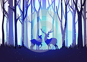 Winter season landscape and christmas day concept forest and deer wildlife on purple color background paper art style