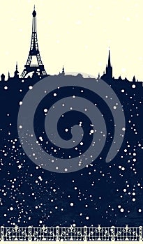 Winter season Paris scene - eiffel tower and falling snow vector