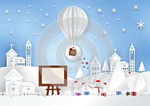Winter season with Santa, house, child, snowman and photo