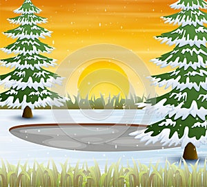 Winter season with snow covered trees at sunrise or sunset scene