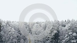 Winter season snowy mountain forest aerial shot Breathtaking natural landscape, frozen forest and dark mountain river