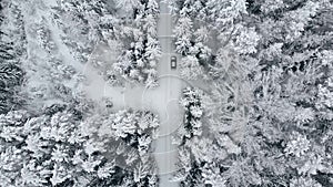 Winter season snowy mountain forest aerial shot breathtaking natural landscape, frozen forest and dark mountain river