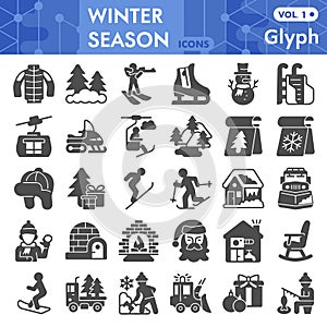 Winter season solid icon set, Winter holidays symbols collection or sketches. World snow day glyph style signs for web
