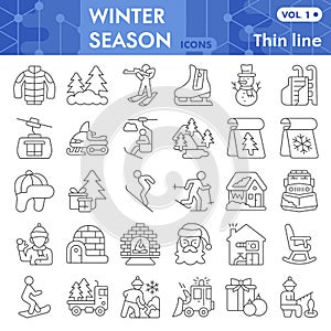 Winter season thin line icon set, Winter holidays symbols collection or sketches. World snow day linear style signs for