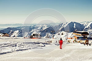 Winter season. View skiing resort with ski lift. Concept active rest and joyful pastime. Healthy hobby. Negative space