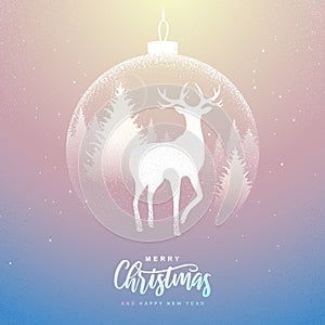 Winter seasonal holiday Christmas background. Christmas greeting card with snow globe and deer in forest inside.