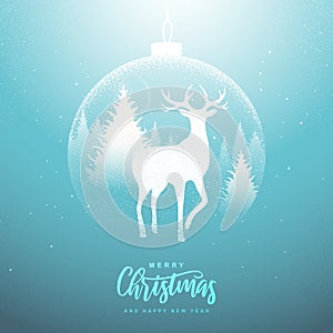 Winter seasonal holiday Christmas background. Christmas greeting card with snow globe and deer in forest inside. Vector
