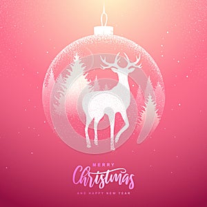 Winter seasonal holiday Christmas background. Christmas greeting card with snow globe and deer in forest inside. Vector