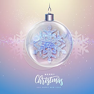 Winter seasonal holiday Christmas background. Christmas greeting card with snow globe and silver snowflake inside.