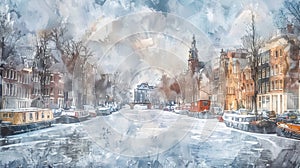 Winter Serenity: Charming Frozen Gracht in Amsterdam Canal Painting