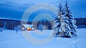 Winter Serenity: Snow-Covered Pine Trees and House at Night Collection