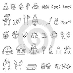 Winter set. Christmas elements. Vector illustrations. Black and white