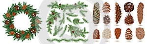 Winter Set. Christmas Wreath with Green Fir Branch and Cones Isolated on White Background