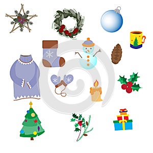 Winter set of decoration items, snowman and Christmas tree, star, glass ball and elegant wreath, gifts, sweater and mittens,