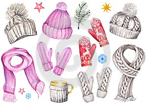 Winter set of knitted hats, scarfs, mittens, coffee mug, fir branch, stars and snowflakes. photo