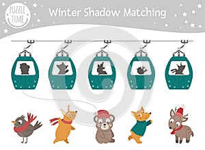 Winter shadow matching activity for children with animals in funicular cable cars. Cute funny smiling fox, squirrel, bird, bear,