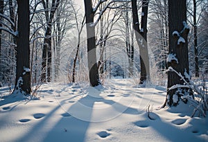 Winter shadows cast by bare trees on a blanket of snow