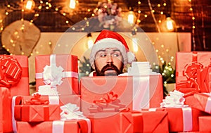 Winter shopping sales. Cheerful elf. sad bearded man. happy new year. Xmas present box. christmas gift delivery. Boxing
