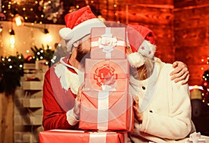 Winter shopping sales. Man hipster and woman on party. loving couple portrait. merry christmas. couple in love in santa