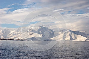 Winter shore of Van Lake covered with snow, Turkey