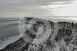 Winter shot of the Forillon Peninsula on a cloudy day.