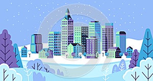 Winter simple landscape. Snowy city panorama with cute buildings, falling snow and fir trees New year and xmas banner