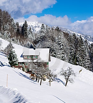 Winter ski chalet and cabin in snow mountain